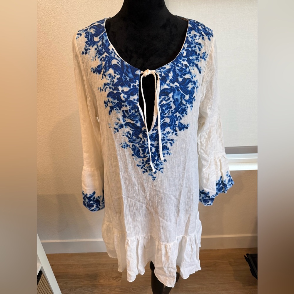Ralph Lauren Blue & White Embroidered Cotton Gauze Beach Cover-Up Tunic